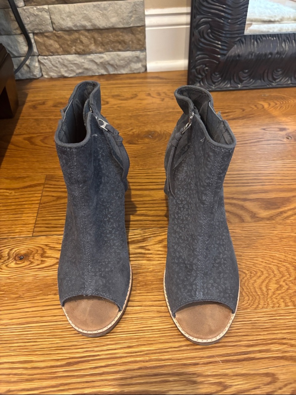 Toms Gray Suede Open-Toe Ankle Boots